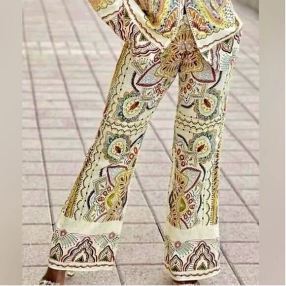 Zara Pants - Zara Linen Blend Abstract Paisley Mini Flare Trouser Pant Women’s Size XL